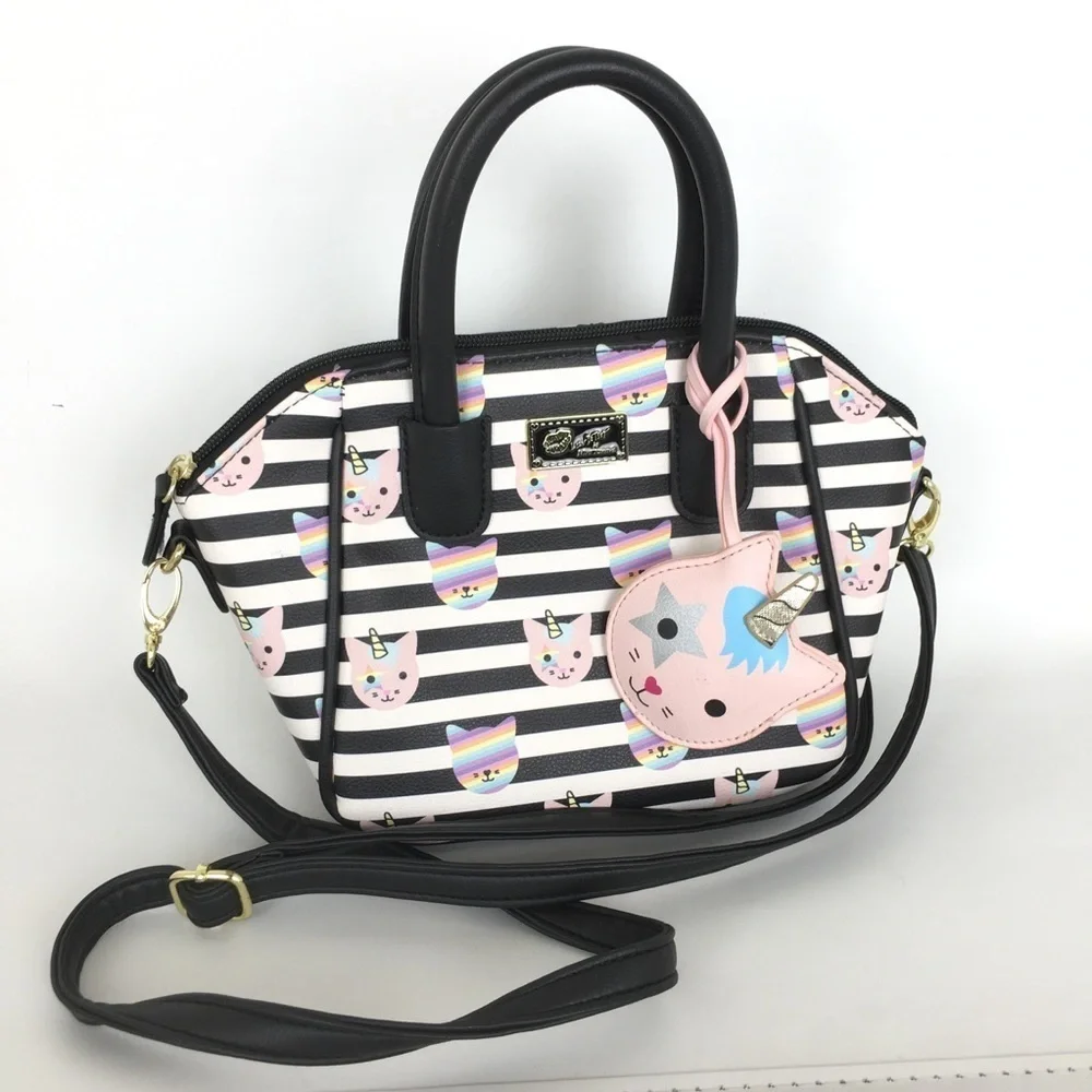 Luv Betsey Betsey Johnson Unicorn Cat Satchel Purse Bag Black White Stripe Small